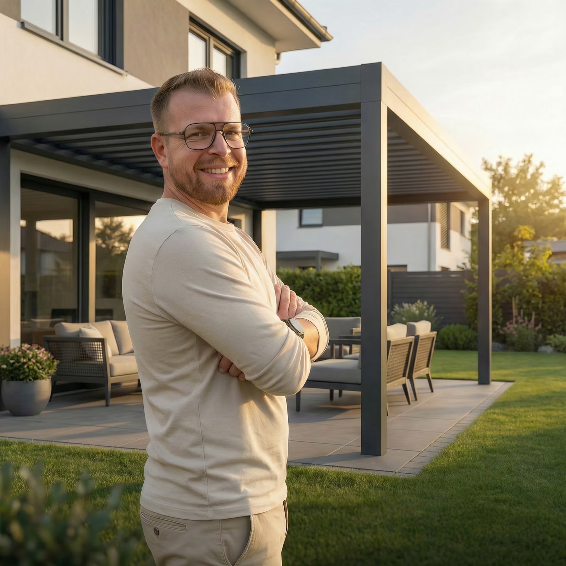 Felix Till vor einer Terrassenüberdachung von FT Work & Design